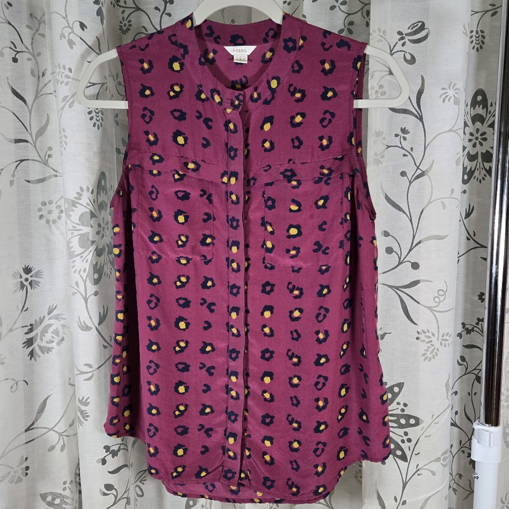 Fossil 100% Silk Sleeveless Cheetah Print Button Down Blouse Size 4